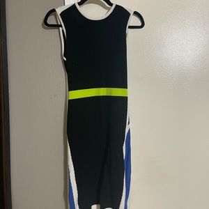 Bebe black mini dress with color block stripes